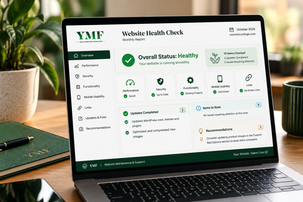YMF Website Health Check dashboard showing website performance, security, functionality, mobile usability, links, and completed updates.
